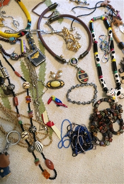 Large Lot of Costume Jewelry including Copper Bracelets, Wood Necklaces, Beaded Necklaces, Handmade Beads, Rhinestones, Brooches, Earrings, Pins, Cows, Animals, 