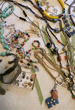 Large Lot of Costume Jewelry including Copper Bracelets, Wood Necklaces, Beaded Necklaces, Handmade Beads, Rhinestones, Brooches, Earrings, Pins, Cows, Animals, 