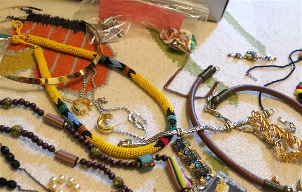 Large Lot of Costume Jewelry including Copper Bracelets, Wood Necklaces, Beaded Necklaces, Handmade Beads, Rhinestones, Brooches, Earrings, Pins, Cows, Animals, 