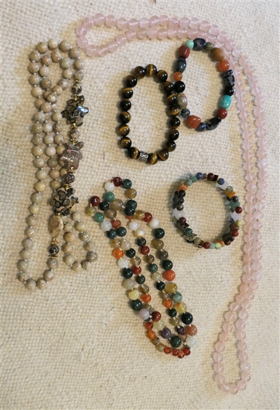 Lot of Polished Stone Beaded Necklaces and Bracelets - Rose Quarts, Tigers Eye, Jasper, and Others