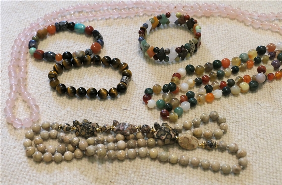 Lot of Polished Stone Beaded Necklaces and Bracelets - Rose Quarts, Tigers Eye, Jasper, and Others