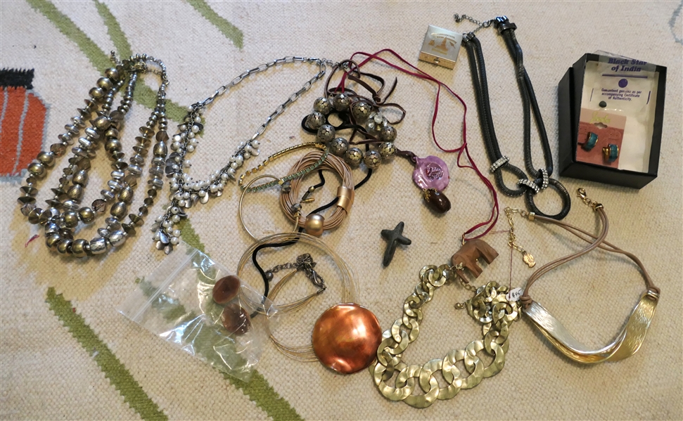 Lot of Costume Jewelry including Beaded Necklaces, Pendleton Necklace, Earrings, God Tone, Wood Carved, Stone Carved Pendants,