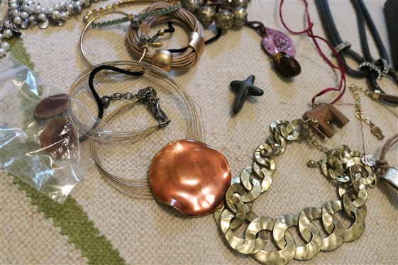 Lot of Costume Jewelry including Beaded Necklaces, Pendleton Necklace, Earrings, God Tone, Wood Carved, Stone Carved Pendants,