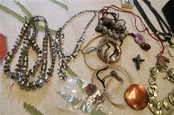 Lot of Costume Jewelry including Beaded Necklaces, Pendleton Necklace, Earrings, God Tone, Wood Carved, Stone Carved Pendants,