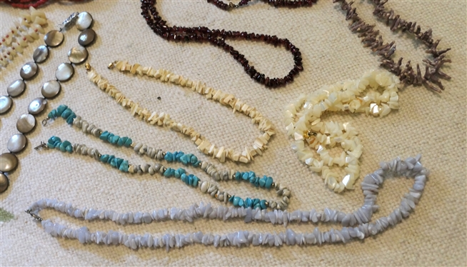 11 Beaded Necklaces - Shell, Stone, and Amber Beads
