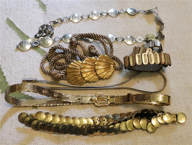 6 Belts - Gold Tone Shell, Gold Tone Coins, Concho Style, Mesh, and Braided 