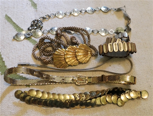 6 Belts - Gold Tone Shell, Gold Tone Coins, Concho Style, Mesh, and Braided 