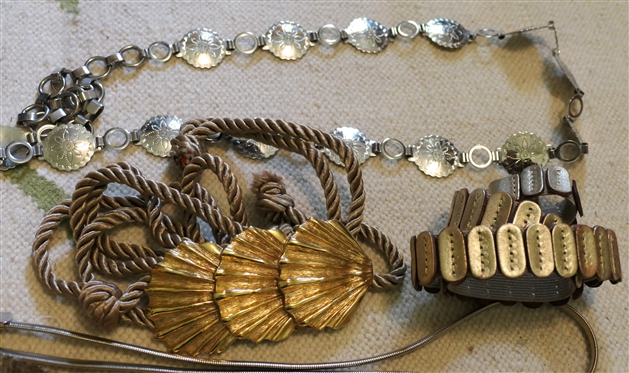 6 Belts - Gold Tone Shell, Gold Tone Coins, Concho Style, Mesh, and Braided 