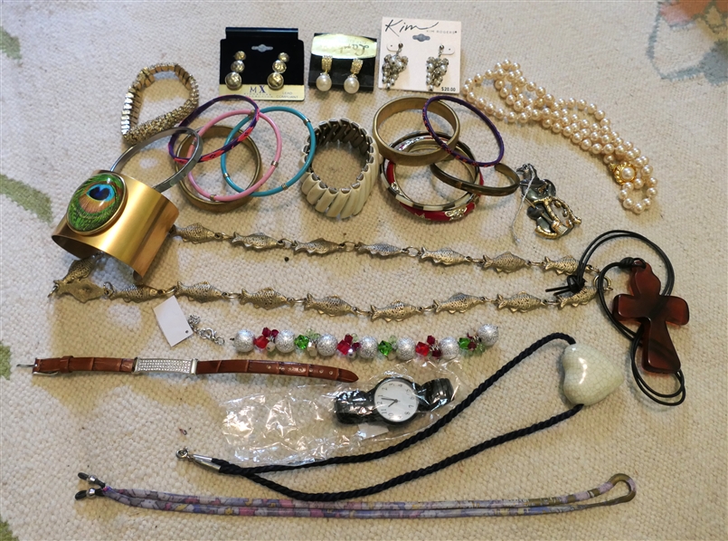 Assorted Costume Jewelry including Bangles, Beads, Watches, Earrings, Rhinestones, and Crosses 