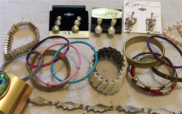 Assorted Costume Jewelry including Bangles, Beads, Watches, Earrings, Rhinestones, and Crosses 