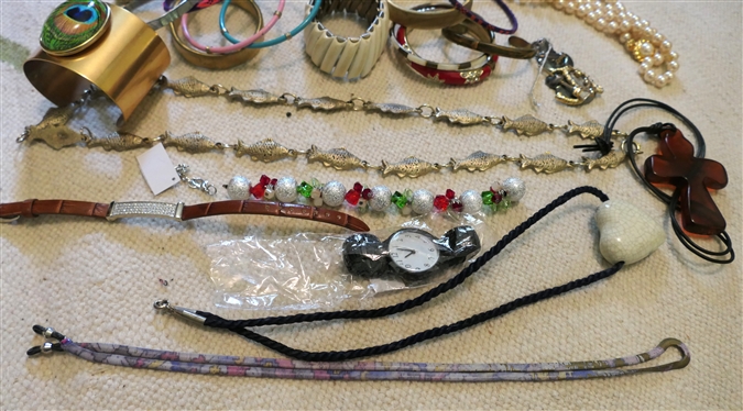 Assorted Costume Jewelry including Bangles, Beads, Watches, Earrings, Rhinestones, and Crosses 