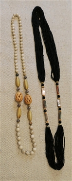 Black Beaded Multi Strand Necklace with Abalone Beads and Stone Beaded Necklace with Carved Bone Beads