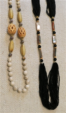 Black Beaded Multi Strand Necklace with Abalone Beads and Stone Beaded Necklace with Carved Bone Beads