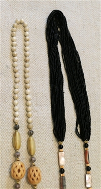Black Beaded Multi Strand Necklace with Abalone Beads and Stone Beaded Necklace with Carved Bone Beads