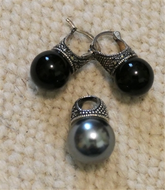 Sterling Silver Black Pearl Pendant and Sterling Silver Black Onyx Earrings - Pendant is 1/2 Long