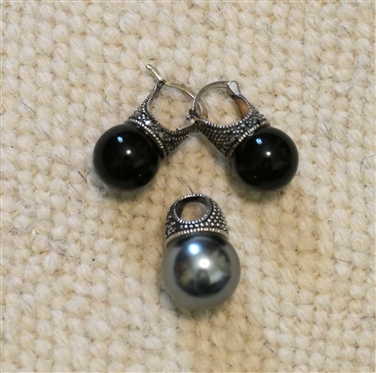 Sterling Silver Black Pearl Pendant and Sterling Silver Black Onyx Earrings - Pendant is 1/2 Long