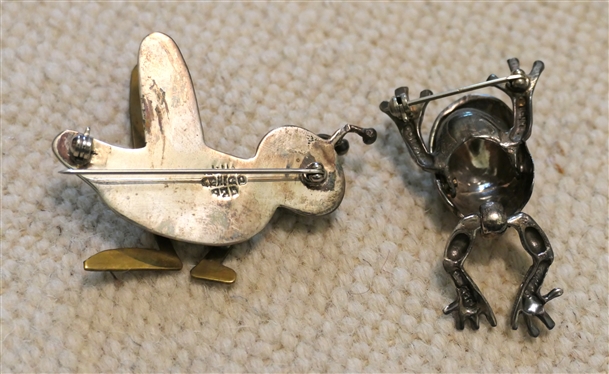 Mexican Sterling Silver Grasshopper Brooch and Sterling Silver Frog Brooch - Frog is 2 Long 