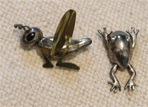 Mexican Sterling Silver Grasshopper Brooch and Sterling Silver Frog Brooch - Frog is 2 Long 