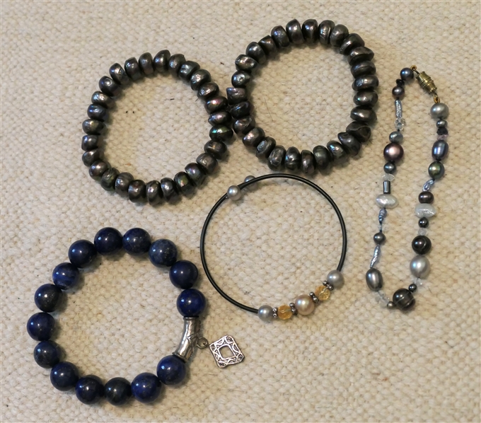 Collection of Bracelets - 3 Baroque Black Pearl Bracelets, Dainty Pearl and Crystal Cuff, and Silpada Blue Lapis Beaded Bracelet with Sterling Silver Enhancer Bead