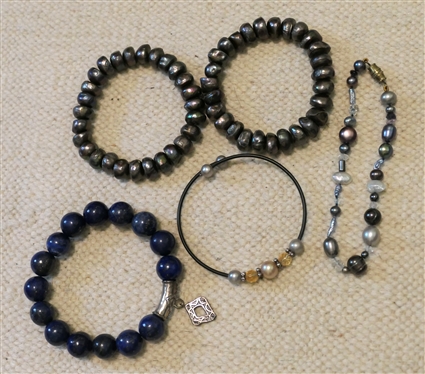 Collection of Bracelets - 3 Baroque Black Pearl Bracelets, Dainty Pearl and Crystal Cuff, and Silpada Blue Lapis Beaded Bracelet with Sterling Silver Enhancer Bead