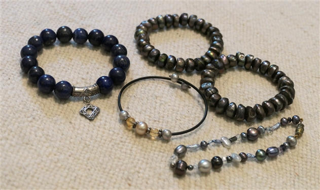 Collection of Bracelets - 3 Baroque Black Pearl Bracelets, Dainty Pearl and Crystal Cuff, and Silpada Blue Lapis Beaded Bracelet with Sterling Silver Enhancer Bead