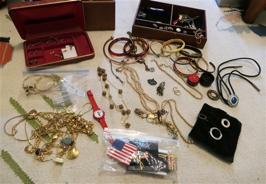 Large Lot of Vintage Costume Jewelry Necklaces, Earring, Brooches, Gold Tone Jewelry, Rings, Pins, Patriotic Pins, Owls, and More