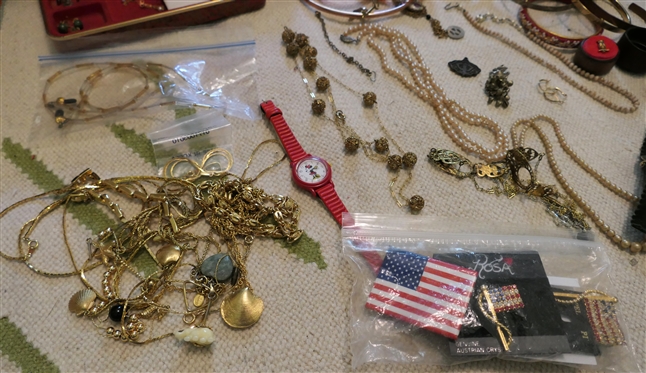 Large Lot of Vintage Costume Jewelry Necklaces, Earring, Brooches, Gold Tone Jewelry, Rings, Pins, Patriotic Pins, Owls, and More