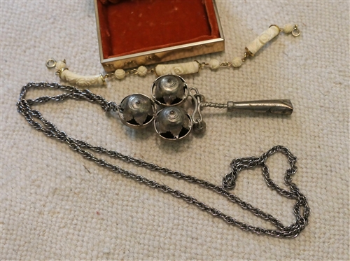 Silvertone Bell and Whistle Necklace and Genuine Hand Carved Ivory Bracelet in Original Box 