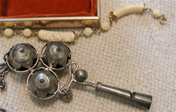 Silvertone Bell and Whistle Necklace and Genuine Hand Carved Ivory Bracelet in Original Box 