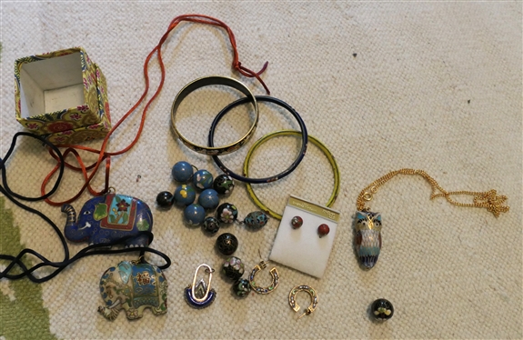 Selection of Cloisonné Jewelry - Earrings, Bangles, Beads, and Animal Pendants - Owl, and Elephants