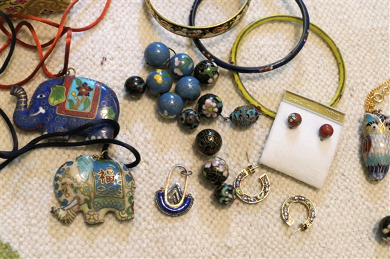 Selection of Cloisonné Jewelry - Earrings, Bangles, Beads, and Animal Pendants - Owl, and Elephants
