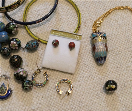 Selection of Cloisonné Jewelry - Earrings, Bangles, Beads, and Animal Pendants - Owl, and Elephants