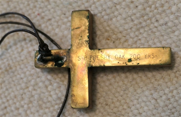 Oak Cross with Brass Back - Engraved S.B. Presby Oak 200 Yrs -  South Boston, VA Presbyterian Church - Cross Measures 2 3/4 By 2 