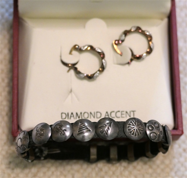 Navajo Stamped Silver Bracelet and 18kt Gold Over Sterling Silver Earrings with Diamond Accents - New in Original Box - Bracelet is 6 1/2" Long
