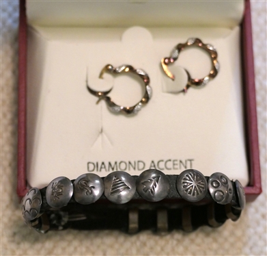 Navajo Stamped Silver Bracelet and 18kt Gold Over Sterling Silver Earrings with Diamond Accents - New in Original Box - Bracelet is 6 1/2 Long