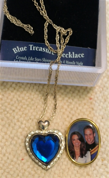 Blue Treasure Necklace in Original Box and Prince William and Princess Kate Button 