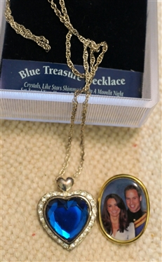 Blue Treasure Necklace in Original Box and Prince William and Princess Kate Button 