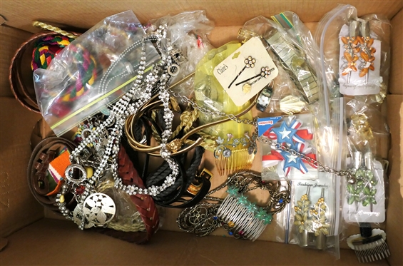 Collection of Belts and Hair Accessories - Chain Belts, Rhinestones, Braided, Leather, Goldtone, - Hair Clips, Enamel, Hair Bows, Etc. 