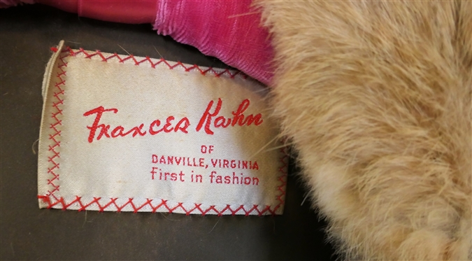 Vintage 3/4 Length Rabbit Fur Coat - Original Frances Kaihn of Danville Virgina with Red Zig Zag Stitching - Large Brown Leather Buttons on Front - Size Small 