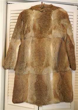 Vintage 3/4 Length Rabbit Fur Coat - Original Frances Kaihn of Danville Virgina with Red Zig Zag Stitching - Large Brown Leather Buttons on Front - Size Small 