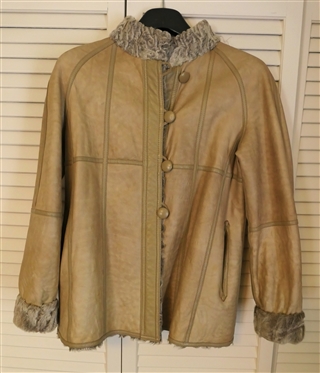 Swakara Hippe Furs Reversable Fur / Leather Jacket - Gray / Taupe Shearling and Tan Leather - Size Small 