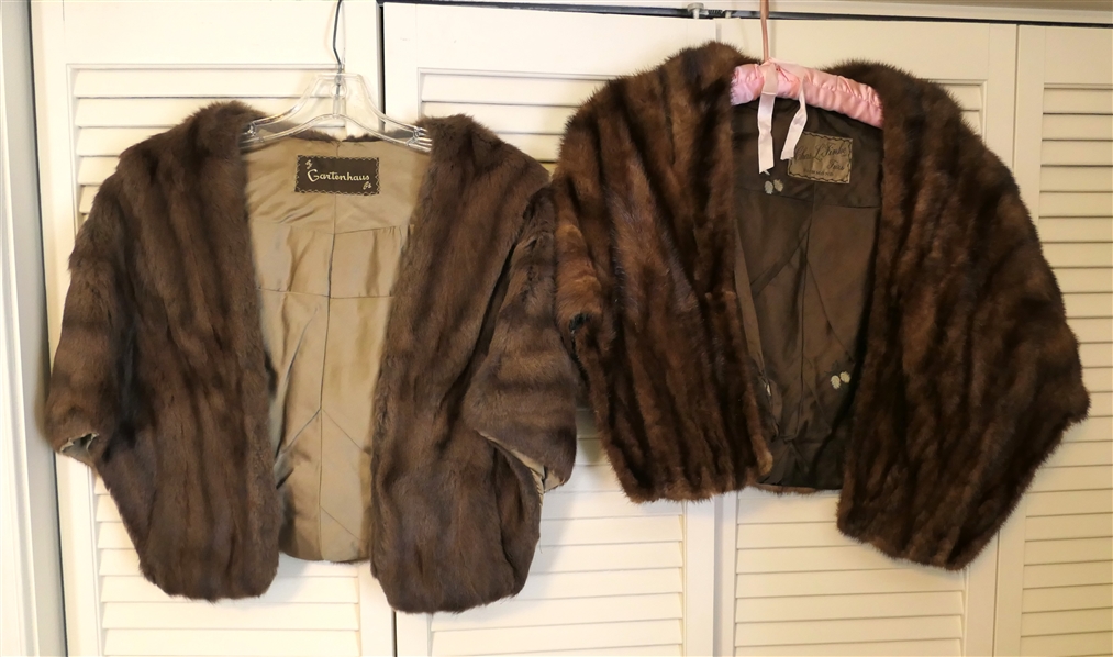 2 Mink Stoles - "Chas L. Finke Furs Richmond VA and Lighter Brown "By Gartenaus Furs" - Both with Zig Zag Stitched tags