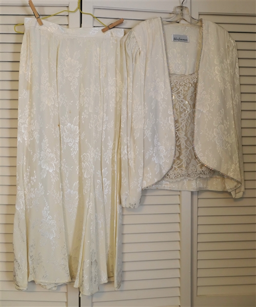 Jo Ed Sophisticates Cream 3 Piece Set - Lace Tank with Gold Underlayer, Floral Satin Skirt and Jacket with Crystal Trim - Size 6 - Some Spots From Storage  