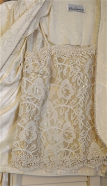 Jo Ed Sophisticates Cream 3 Piece Set - Lace Tank with Gold Underlayer, Floral Satin Skirt and Jacket with Crystal Trim - Size 6 - Some Spots From Storage  