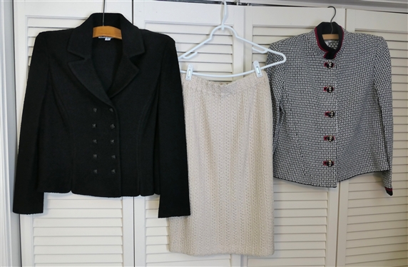 3 Pieces of St. John by Marie Gray - Navy, Red, and White Sweater Jacket - Size 4, Black Jacket with Square Buttons - Size 6, and Off White Knit Skirt - Size 6