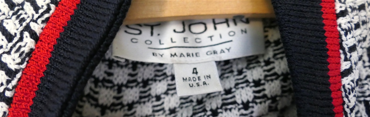 3 Pieces of St. John by Marie Gray - Navy, Red, and White Sweater Jacket - Size 4, Black Jacket with Square Buttons - Size 6, and Off White Knit Skirt - Size 6