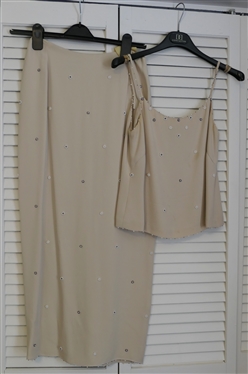 Doncaster Collection Silk Spaghetti Strap Tank and Long Skirt Set - Both Pieces with Delicate Beaded Flowers - Both Top and Skirt Size 2