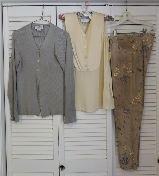 ITW Suede Leather Pants, Size 6, Emanuel - Emanuel Ungaro Silk Shell - New with Tags Size 6, and Emanuel Cardigan Sweater - Made in Hong Kong Size 8 