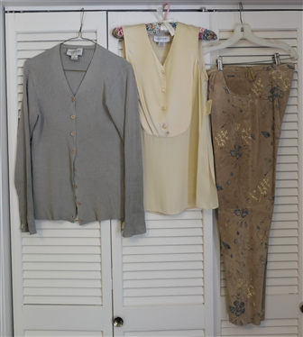 ITW Suede Leather Pants, Size 6, Emanuel - Emanuel Ungaro Silk Shell - New with Tags Size 6, and Emanuel Cardigan Sweater - Made in Hong Kong Size 8 