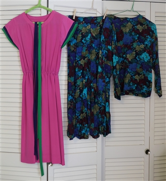Pink Shift Dress with Color Blocked Sleeves and Coordinating Ribbon Belts and Sand Scripts 2 Piece Floral Outfit - Size Small 